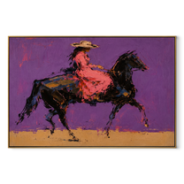 Violet Gallop Breaks Gold - expressive galloping rider painting by Isabelle Laurent, modern Western horizontal wall art – wood frame on white background