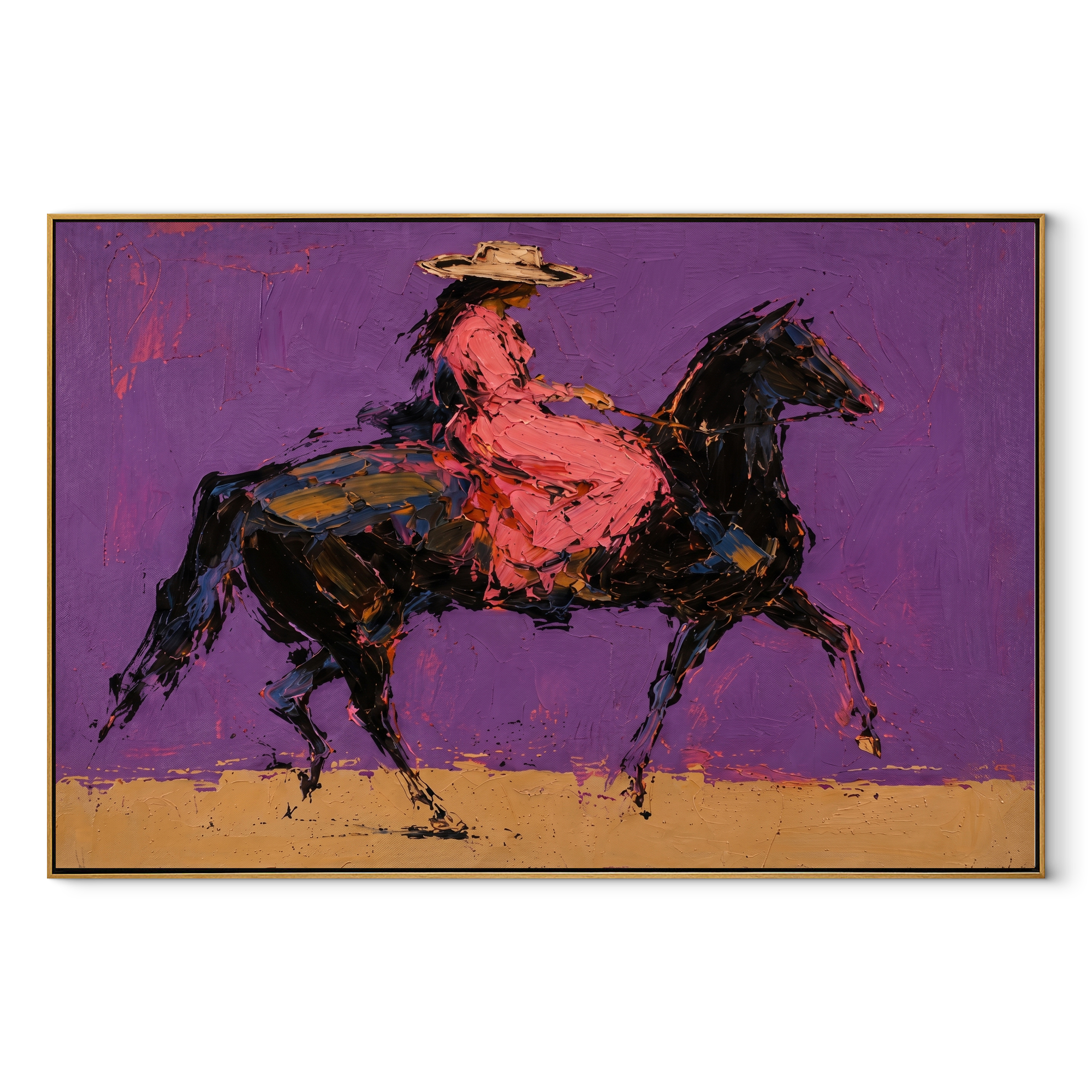 Violet Gallop Breaks Gold - expressive galloping rider painting by Isabelle Laurent, modern Western horizontal wall art – wood frame on white background