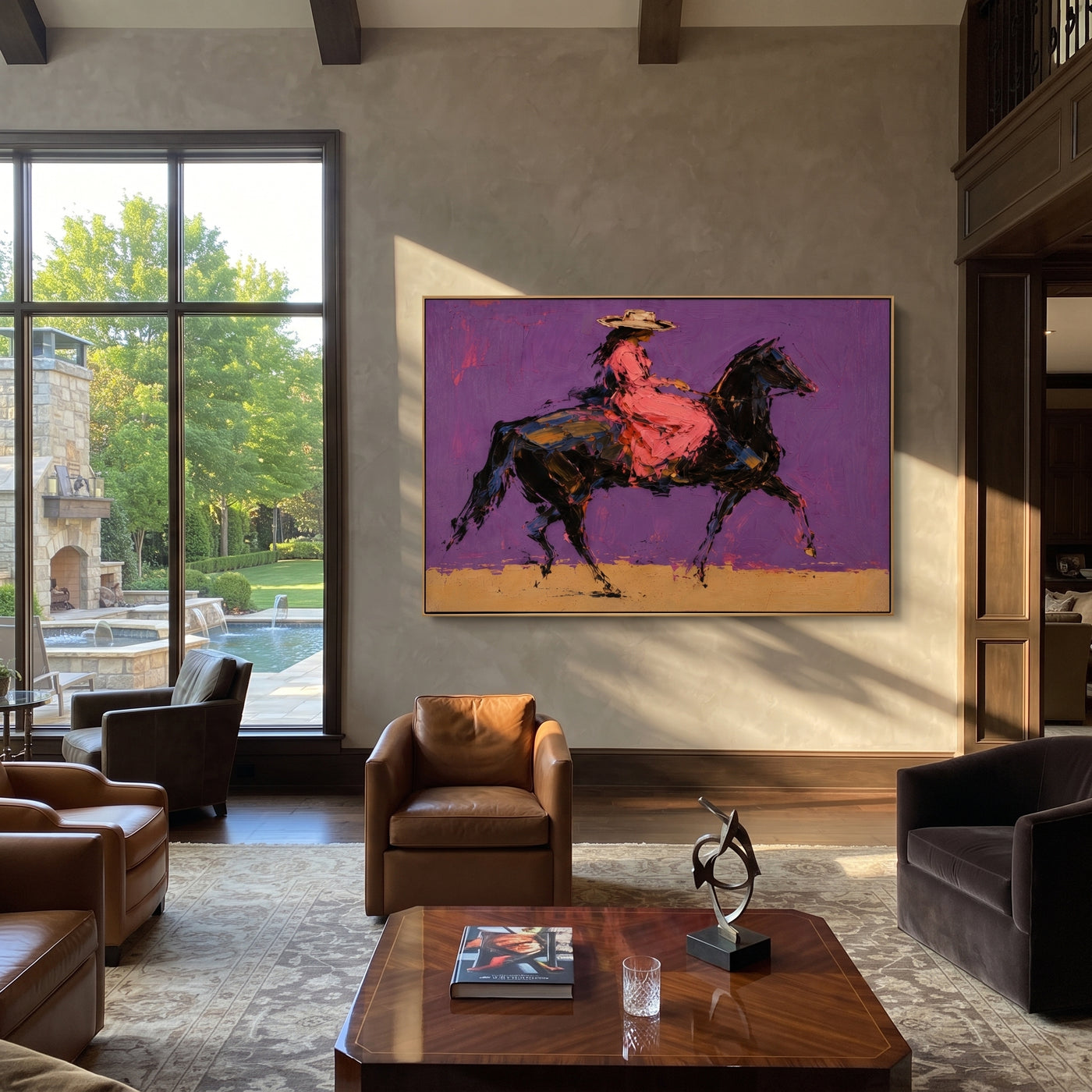 Violet Gallop Breaks Gold - expressive galloping rider painting by Isabelle Laurent, modern Western horizontal wall art – styled room scene view 2