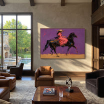 Violet Gallop Breaks Gold - expressive galloping rider painting by Isabelle Laurent, modern Western horizontal wall art – styled room scene view 2