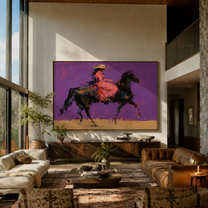 Violet Gallop Breaks Gold - expressive galloping rider painting by Isabelle Laurent, modern Western horizontal wall art – styled room scene view 3