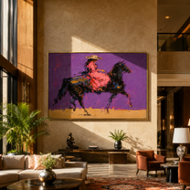 Violet Gallop Breaks Gold - expressive galloping rider painting by Isabelle Laurent, modern Western horizontal wall art – styled room scene view 4