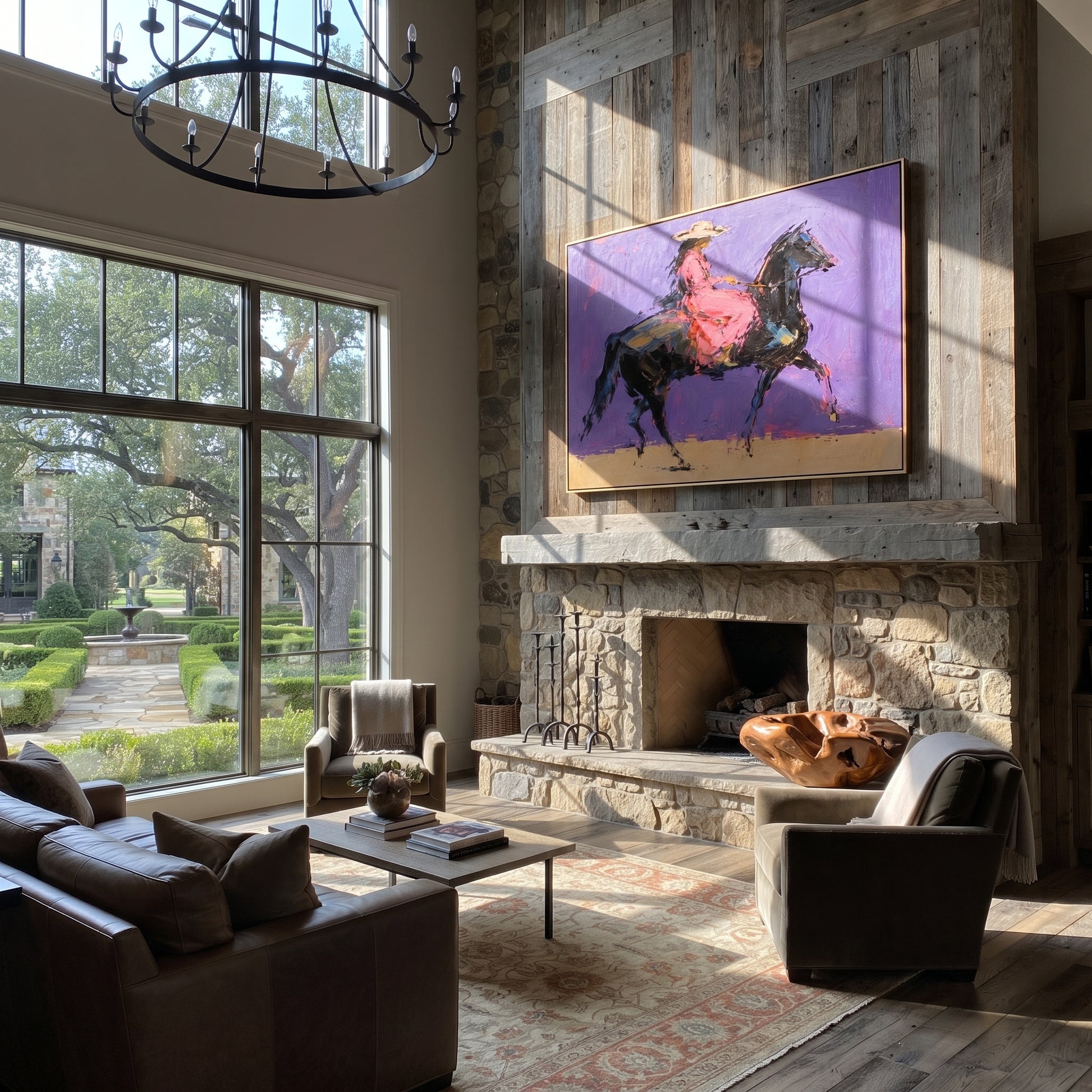 Violet Gallop Breaks Gold - expressive galloping rider painting by Isabelle Laurent, modern Western horizontal wall art – styled room scene view 5