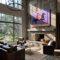 Violet Gallop Breaks Gold - expressive galloping rider painting by Isabelle Laurent, modern Western horizontal wall art – styled room scene view 5