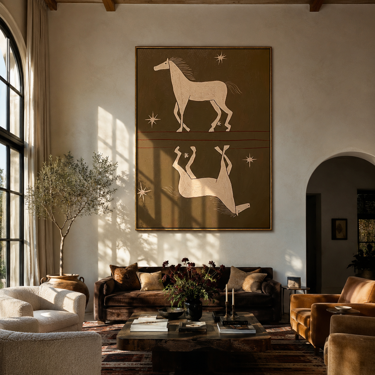 White Horses Mirror Stars - celestial twin horse painting by Isabelle Laurent, modern Western vertical wall art – styled room scene view 1
