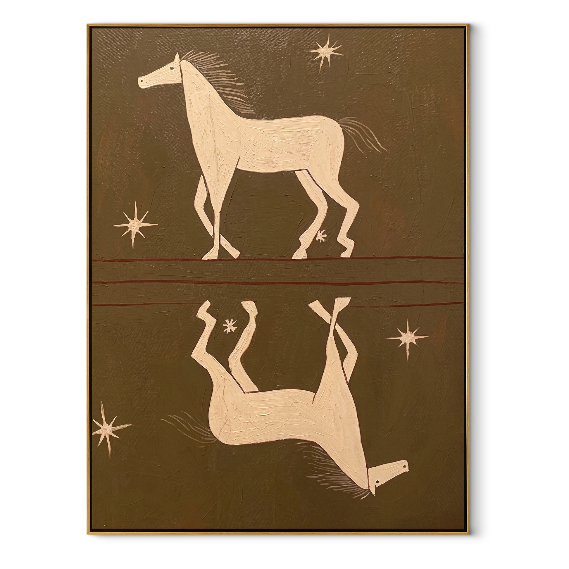 White Horses Mirror Stars - celestial twin horse painting by Isabelle Laurent, modern Western vertical wall art – wood frame on white background