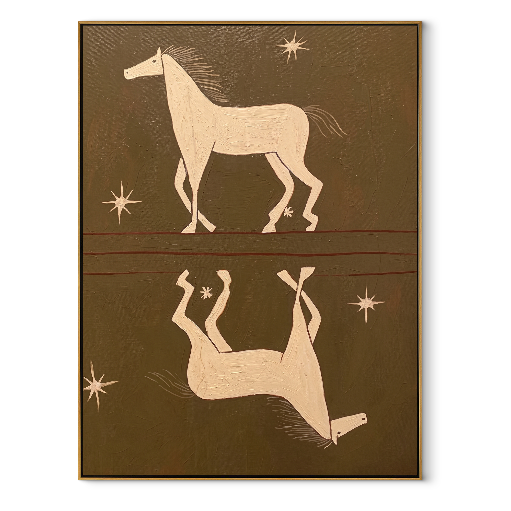 White Horses Mirror Stars - celestial twin horse painting by Isabelle Laurent, modern Western vertical wall art – wood frame on white background