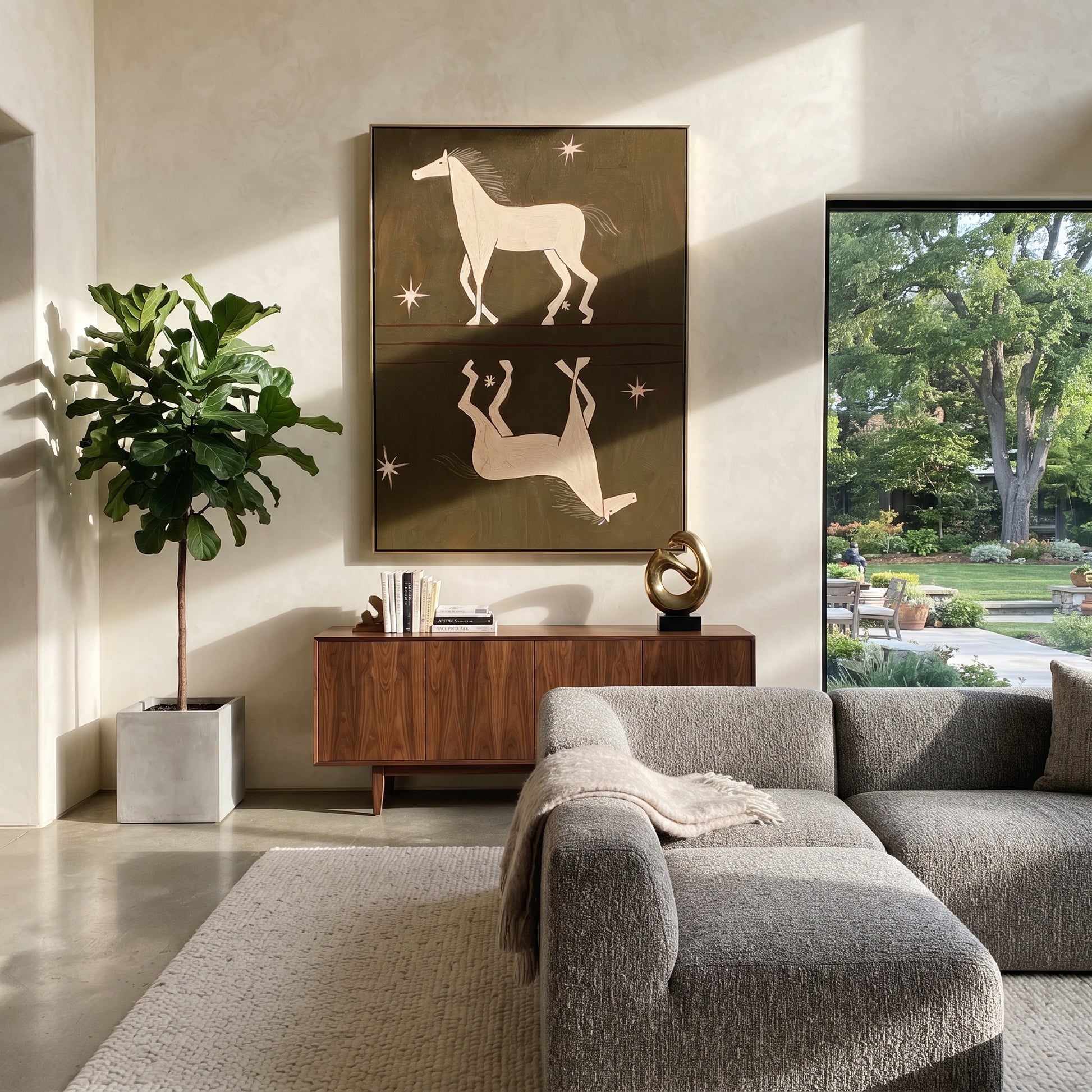 White Horses Mirror Stars - celestial twin horse painting by Isabelle Laurent, modern Western vertical wall art – styled room scene view 2