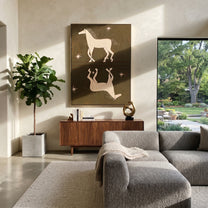 White Horses Mirror Stars - celestial twin horse painting by Isabelle Laurent, modern Western vertical wall art – styled room scene view 2