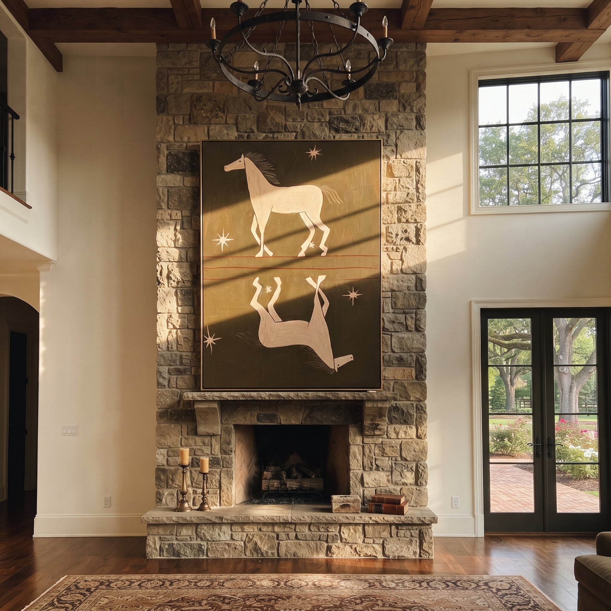 White Horses Mirror Stars - celestial twin horse painting by Isabelle Laurent, modern Western vertical wall art – styled room scene view 3