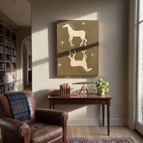 White Horses Mirror Stars - celestial twin horse painting by Isabelle Laurent, modern Western vertical wall art – styled room scene view 4