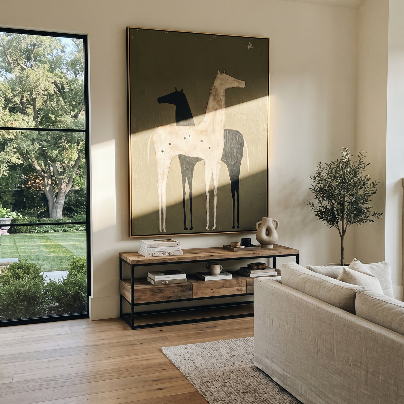 Pale Horse Shadows Midnight - two horse folk painting by Isabelle Laurent, modern Western vertical wall art – styled room scene view 1