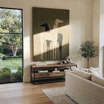 Pale Horse Shadows Midnight - two horse folk painting by Isabelle Laurent, modern Western vertical wall art – styled room scene view 1