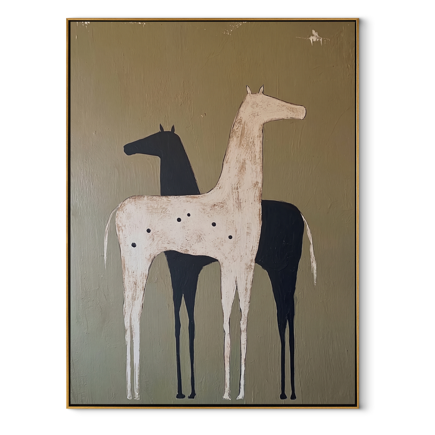 Pale Horse Shadows Midnight - two horse folk painting by Isabelle Laurent, modern Western vertical wall art – wood frame on white background