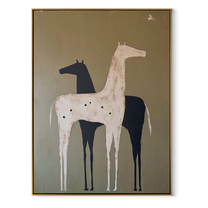 Pale Horse Shadows Midnight - two horse folk painting by Isabelle Laurent, modern Western vertical wall art – wood frame on white background