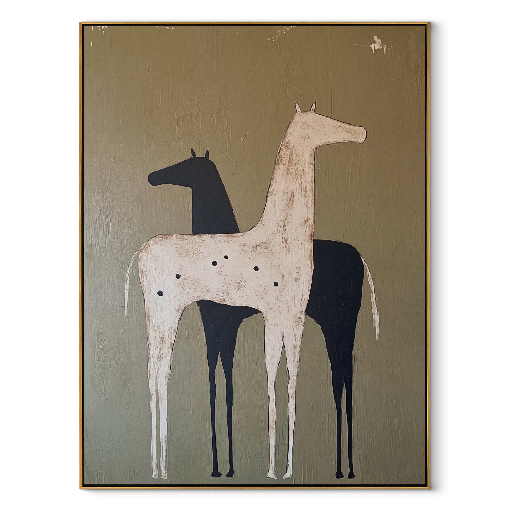 Pale Horse Shadows Midnight - two horse folk painting by Isabelle Laurent, modern Western vertical wall art – wood frame on white background
