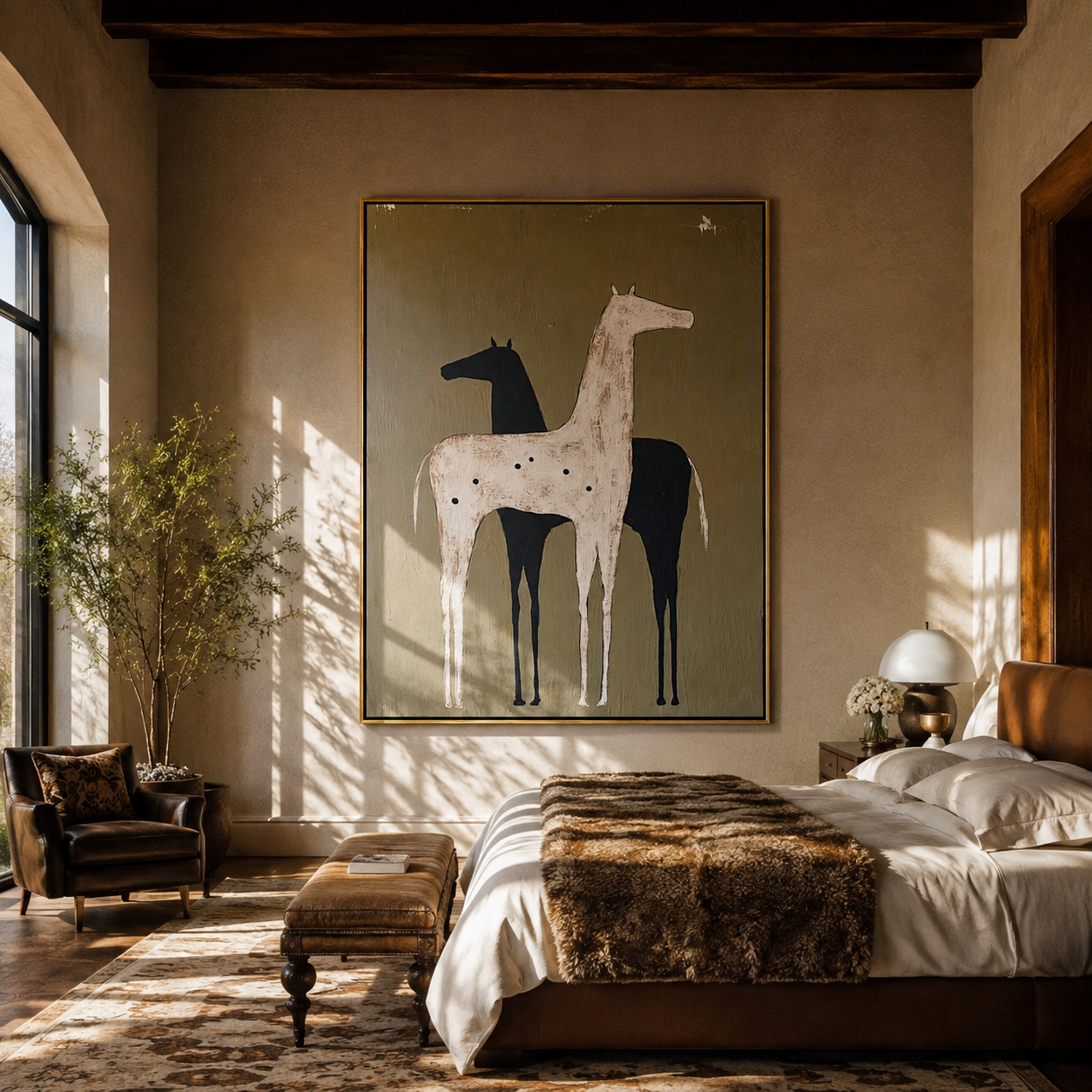 Pale Horse Shadows Midnight - two horse folk painting by Isabelle Laurent, modern Western vertical wall art – styled room scene view 2