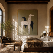 Pale Horse Shadows Midnight - two horse folk painting by Isabelle Laurent, modern Western vertical wall art – styled room scene view 2