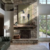 Pale Horse Shadows Midnight - two horse folk painting by Isabelle Laurent, modern Western vertical wall art – styled room scene view 3