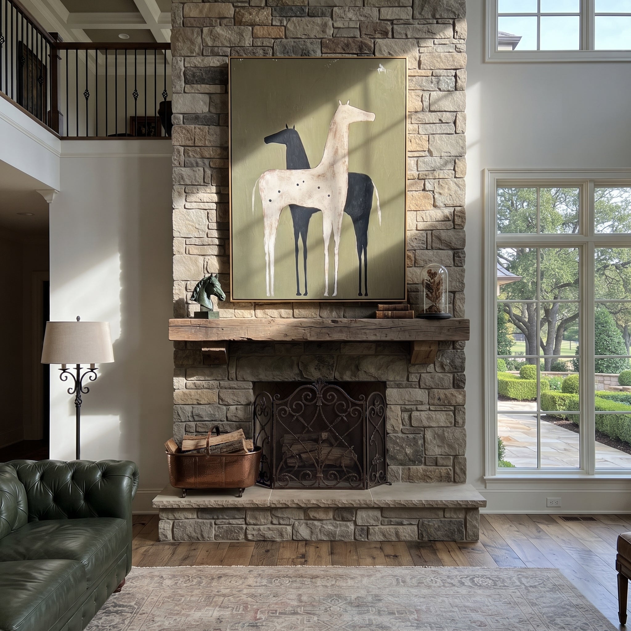 Pale Horse Shadows Midnight - two horse folk painting by Isabelle Laurent, modern Western vertical wall art – styled room scene view 3