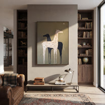 Pale Horse Shadows Midnight - two horse folk painting by Isabelle Laurent, modern Western vertical wall art – styled room scene view 4