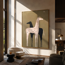 Pale Horse Shadows Midnight - two horse folk painting by Isabelle Laurent, modern Western vertical wall art – styled room scene view 5