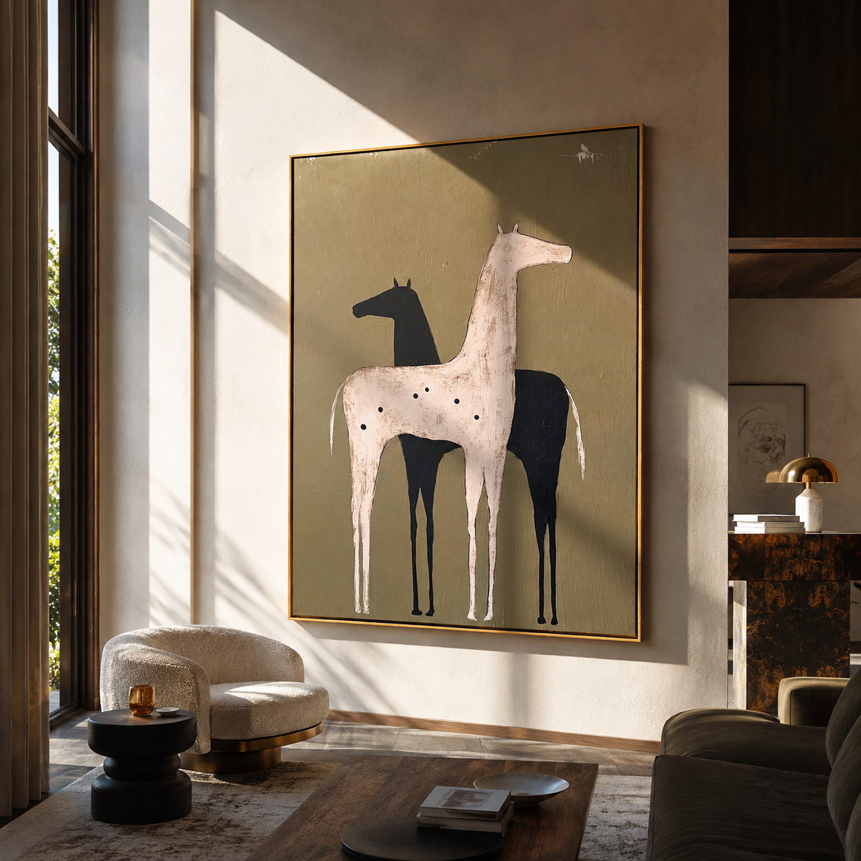 Pale Horse Shadows Midnight - two horse folk painting by Isabelle Laurent, modern Western vertical wall art – styled room scene view 5