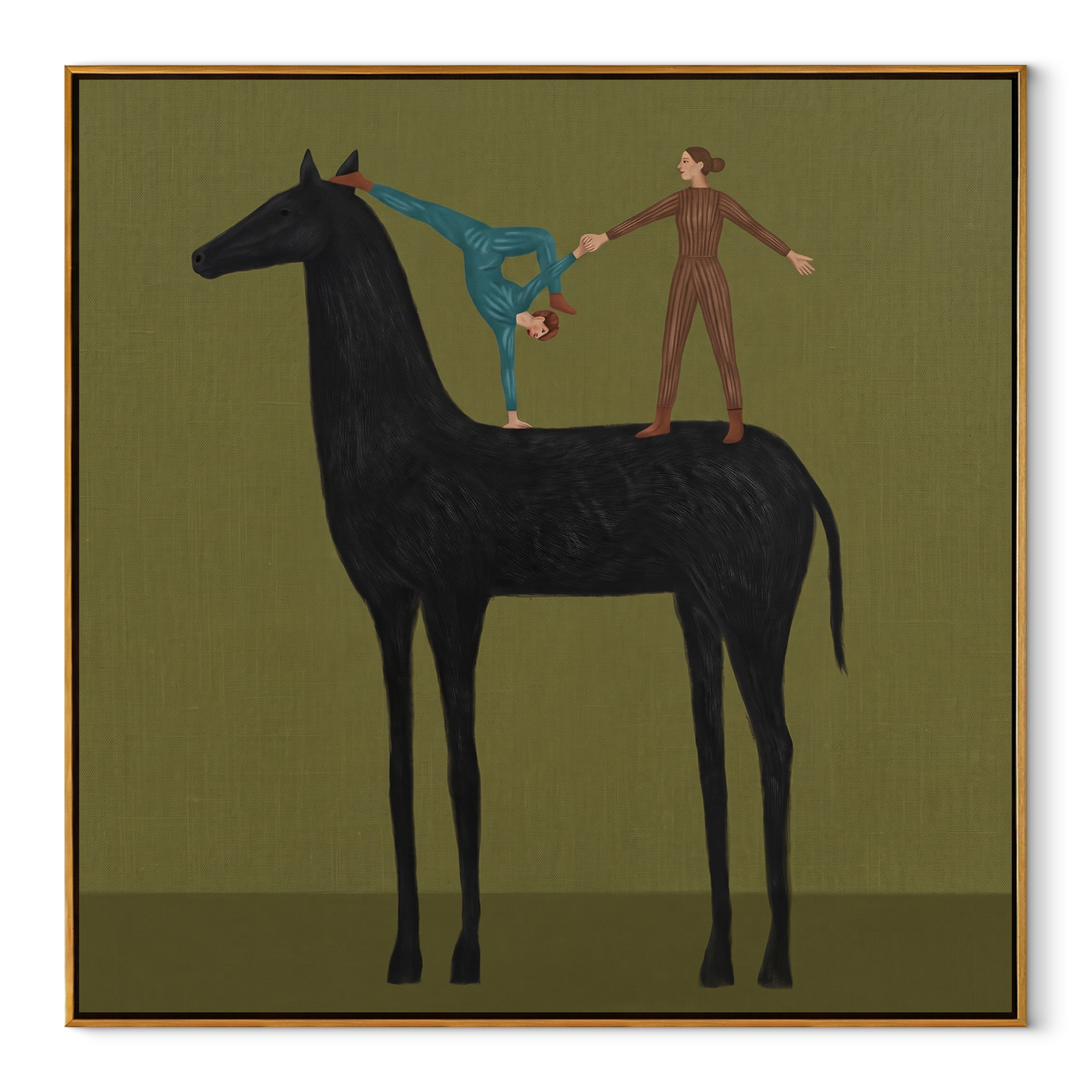 Two Acrobats Test Balance - horse acrobat folk painting by Isabelle Laurent, modern Western square wall art – wood frame on white background