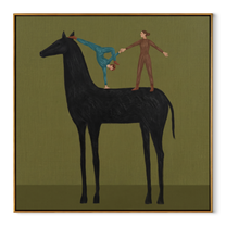 Two Acrobats Test Balance - horse acrobat folk painting by Isabelle Laurent, modern Western square wall art – wood frame on white background