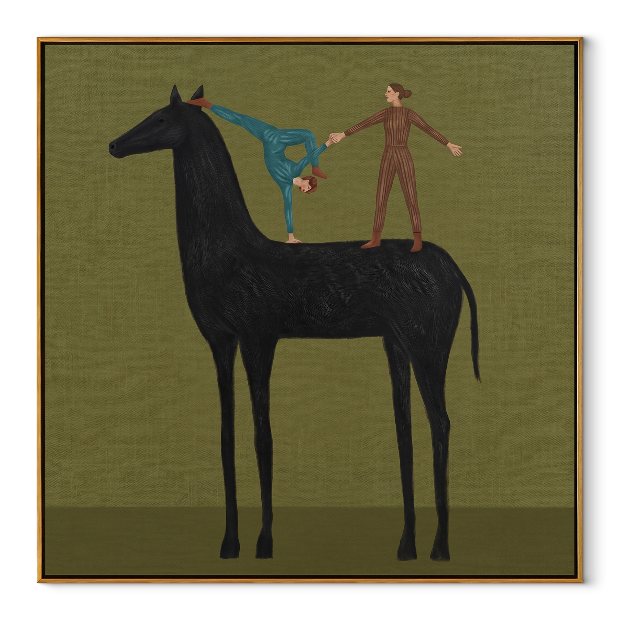 Two Acrobats Test Balance - horse acrobat folk painting by Isabelle Laurent, modern Western square wall art – wood frame on white background
