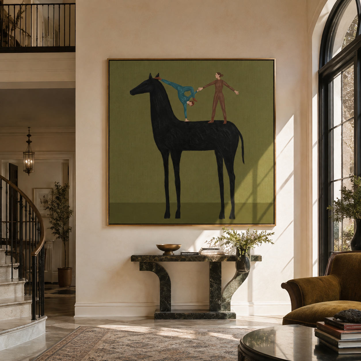 Two Acrobats Test Balance - horse acrobat folk painting by Isabelle Laurent, modern Western square wall art – styled room scene view 2
