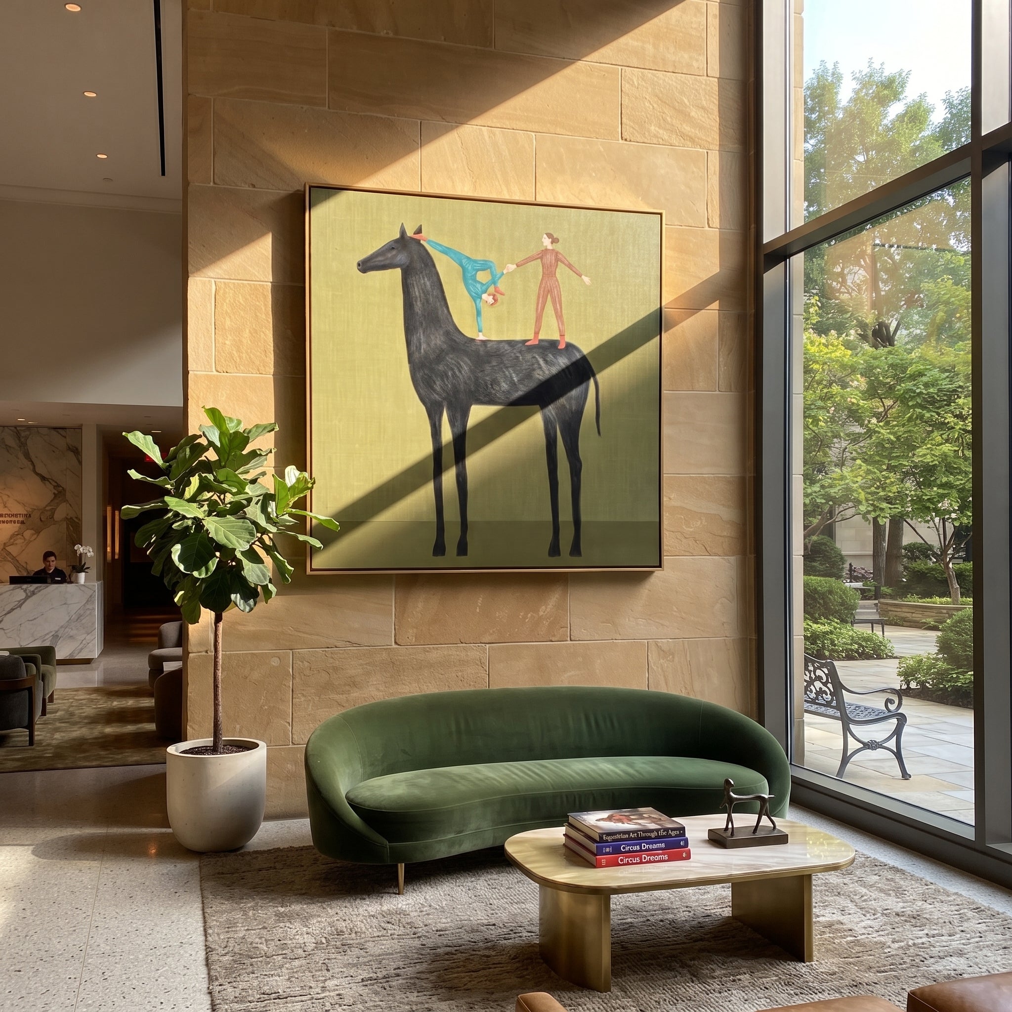 Two Acrobats Test Balance - horse acrobat folk painting by Isabelle Laurent, modern Western square wall art – styled room scene view 3