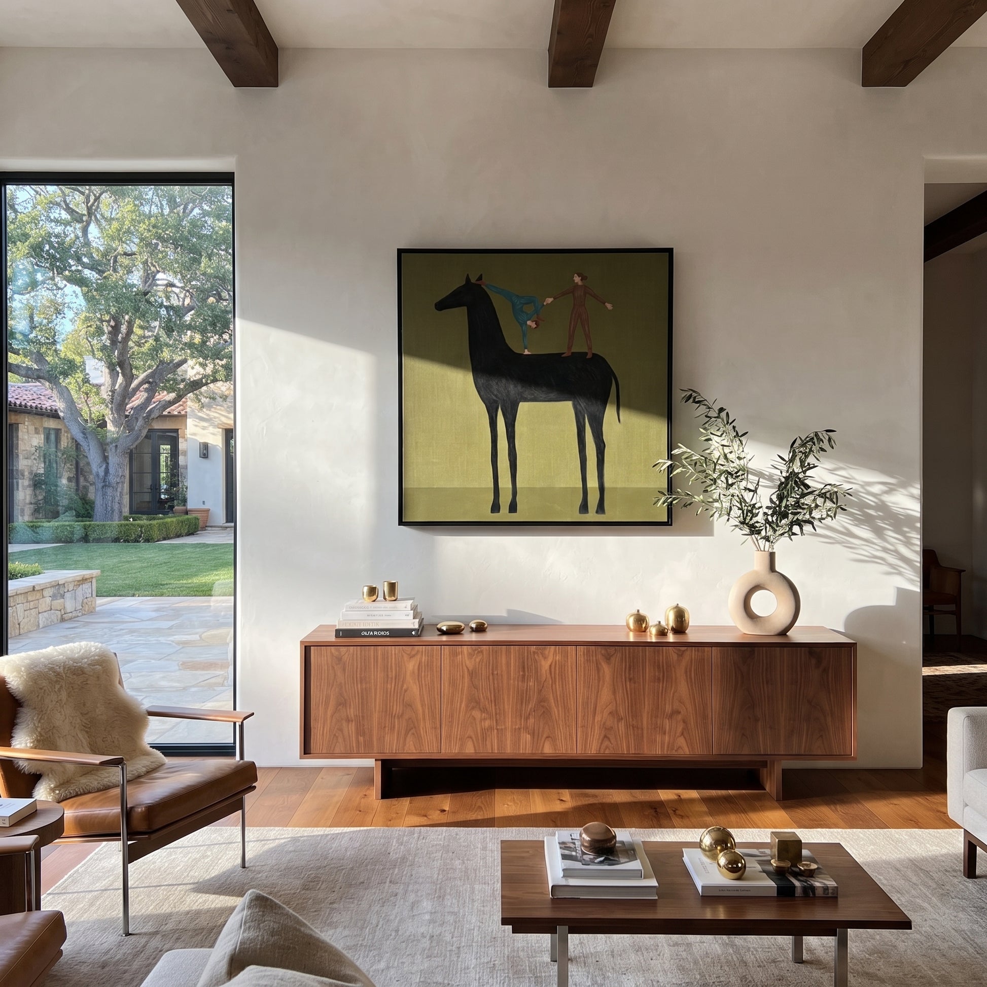 Two Acrobats Test Balance - horse acrobat folk painting by Isabelle Laurent, modern Western square wall art – styled room scene view 4