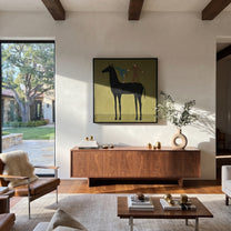 Two Acrobats Test Balance - horse acrobat folk painting by Isabelle Laurent, modern Western square wall art – styled room scene view 4