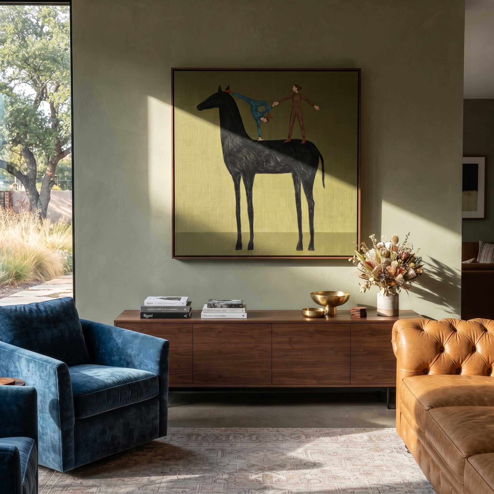 Two Acrobats Test Balance - horse acrobat folk painting by Isabelle Laurent, modern Western square wall art – styled room scene view 5