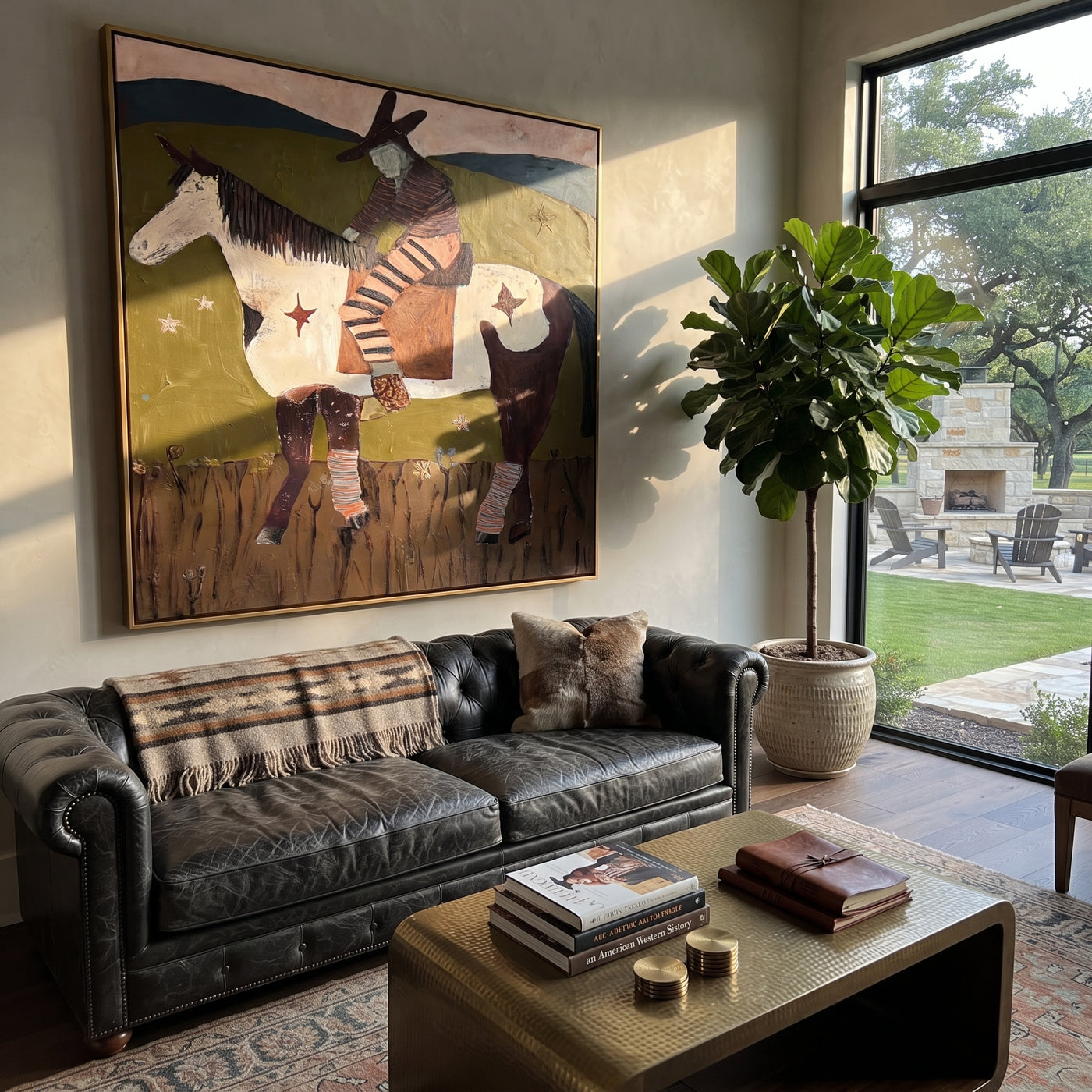 Stars Follow Striped Rider - spotted horse rider painting by Isabelle Laurent, modern Western square wall art – styled room scene view 1