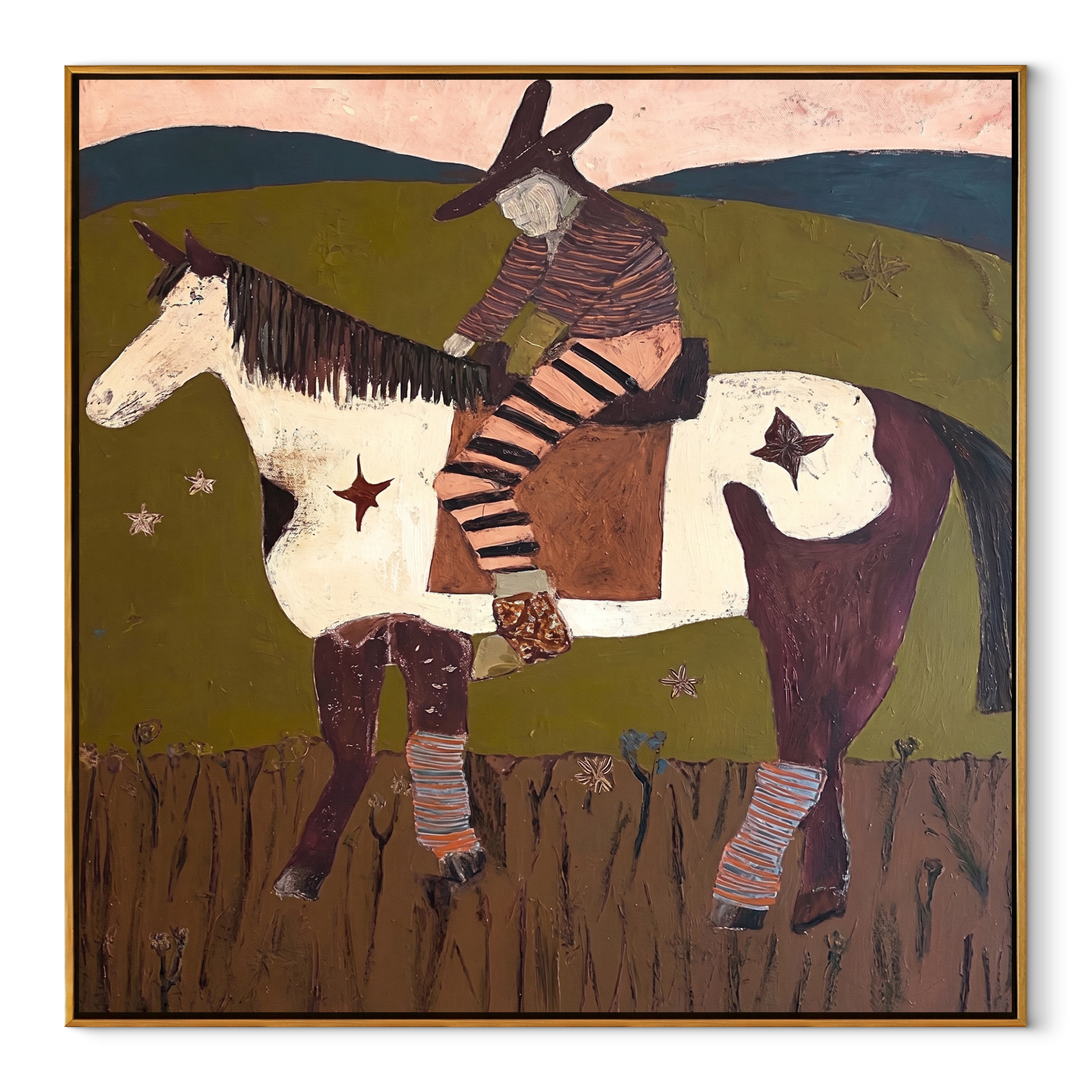 Stars Follow Striped Rider - spotted horse rider painting by Isabelle Laurent, modern Western square wall art – wood frame on white background
