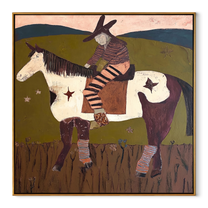 Stars Follow Striped Rider - spotted horse rider painting by Isabelle Laurent, modern Western square wall art – wood frame on white background