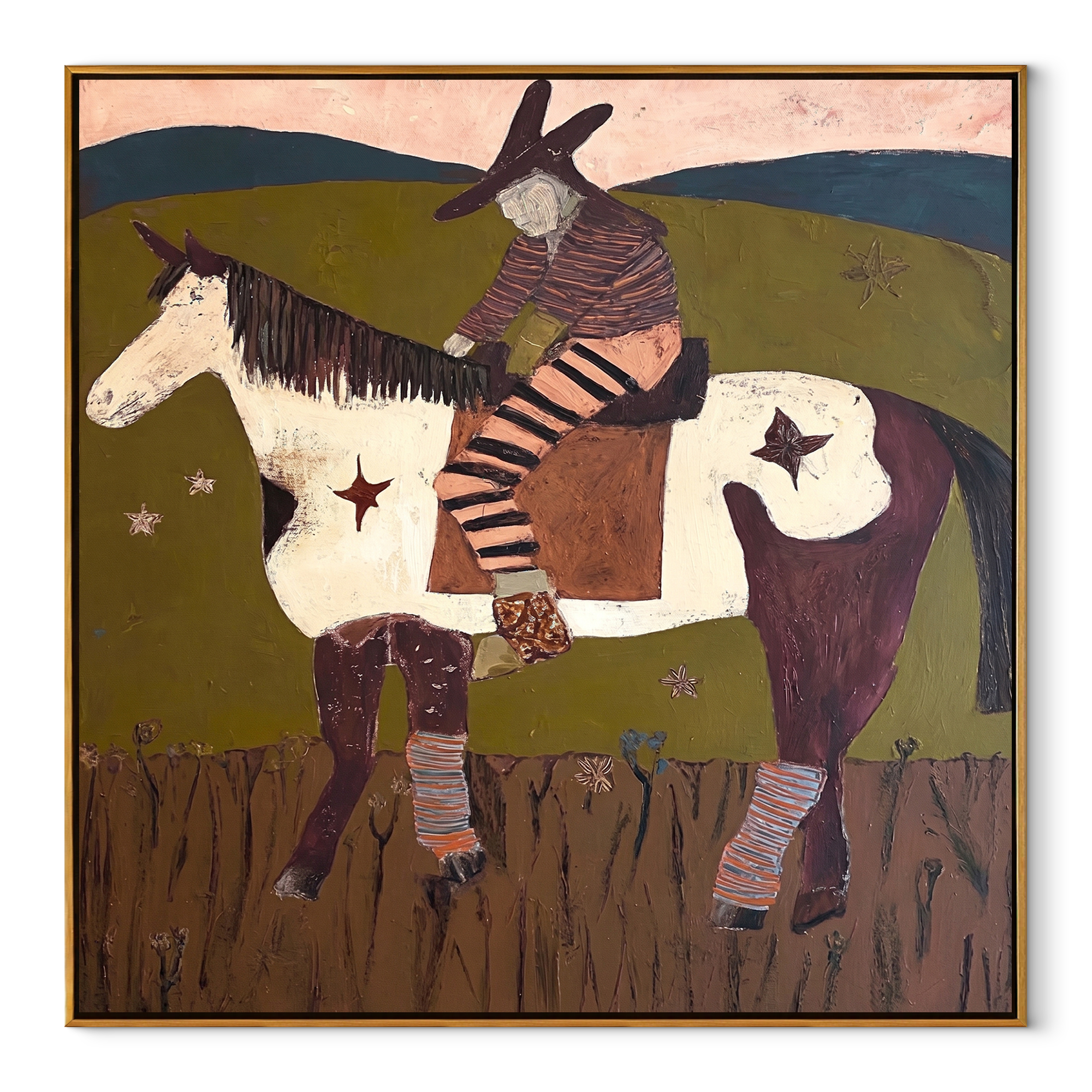 Stars Follow Striped Rider - spotted horse rider painting by Isabelle Laurent, modern Western square wall art – wood frame on white background