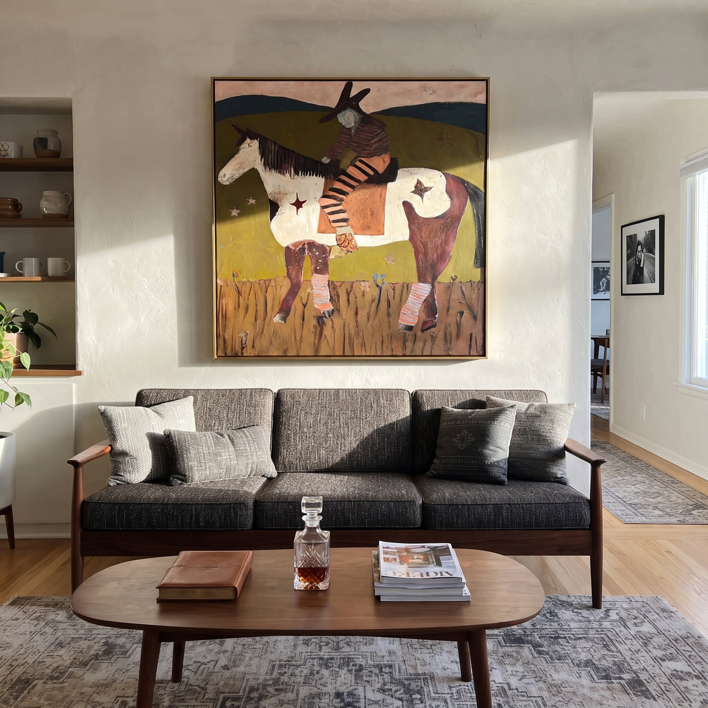 Stars Follow Striped Rider - spotted horse rider painting by Isabelle Laurent, modern Western square wall art – styled room scene view 2