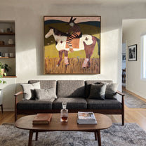Stars Follow Striped Rider - spotted horse rider painting by Isabelle Laurent, modern Western square wall art – styled room scene view 2