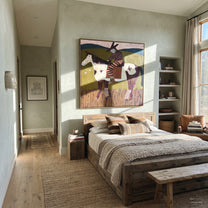 Stars Follow Striped Rider - spotted horse rider painting by Isabelle Laurent, modern Western square wall art – styled room scene view 3