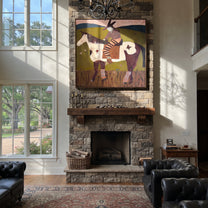 Stars Follow Striped Rider - spotted horse rider painting by Isabelle Laurent, modern Western square wall art – styled room scene view 5