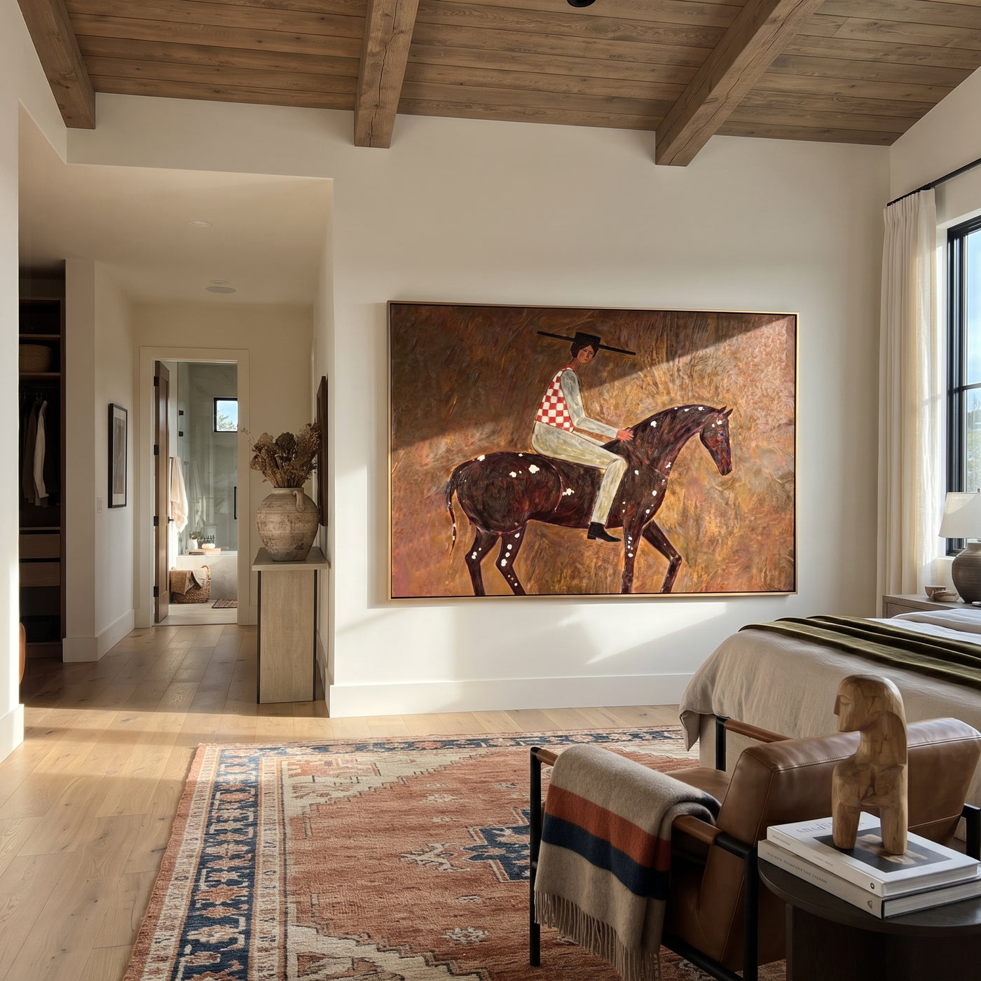 Stripes Cross Painted Hills - spotted horse rider painting by Isabelle Laurent, modern Western horizontal wall art – styled room scene view 1