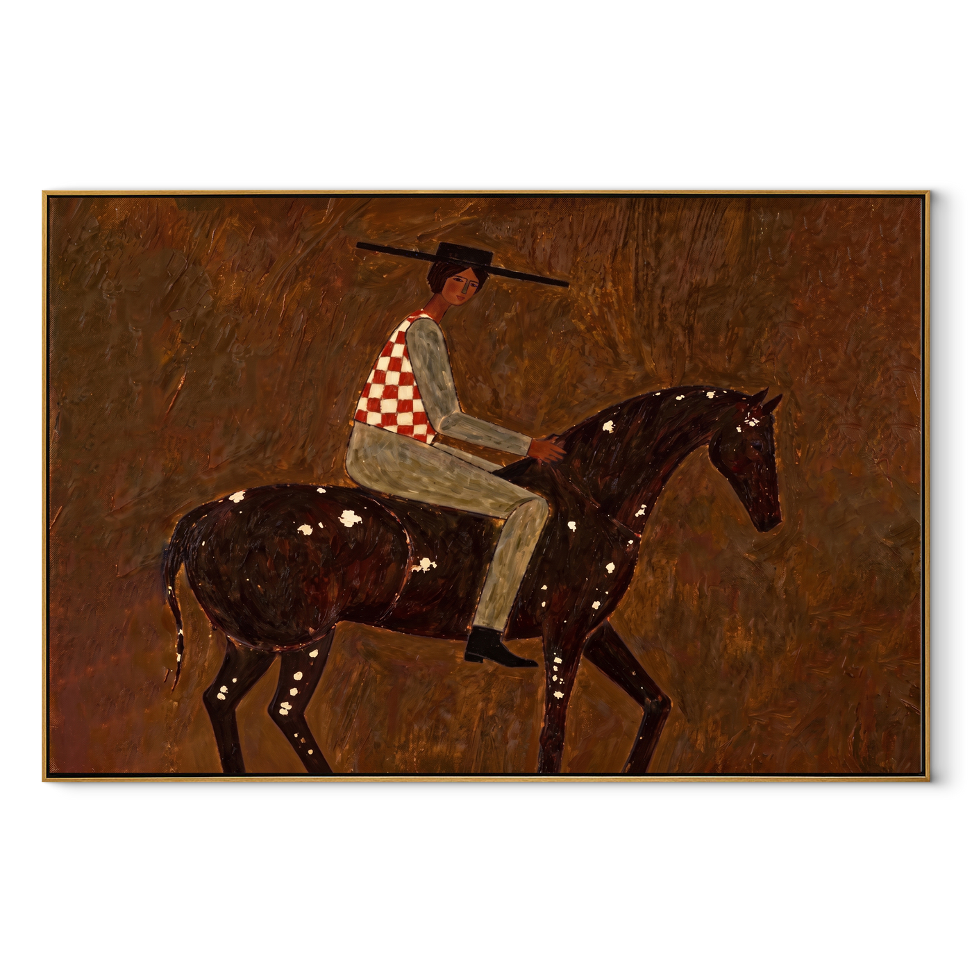 Stripes Cross Painted Hills - spotted horse rider painting by Isabelle Laurent, modern Western horizontal wall art – wood frame on white background