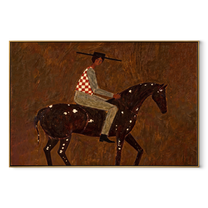 Stripes Cross Painted Hills - spotted horse rider painting by Isabelle Laurent, modern Western horizontal wall art – wood frame on white background