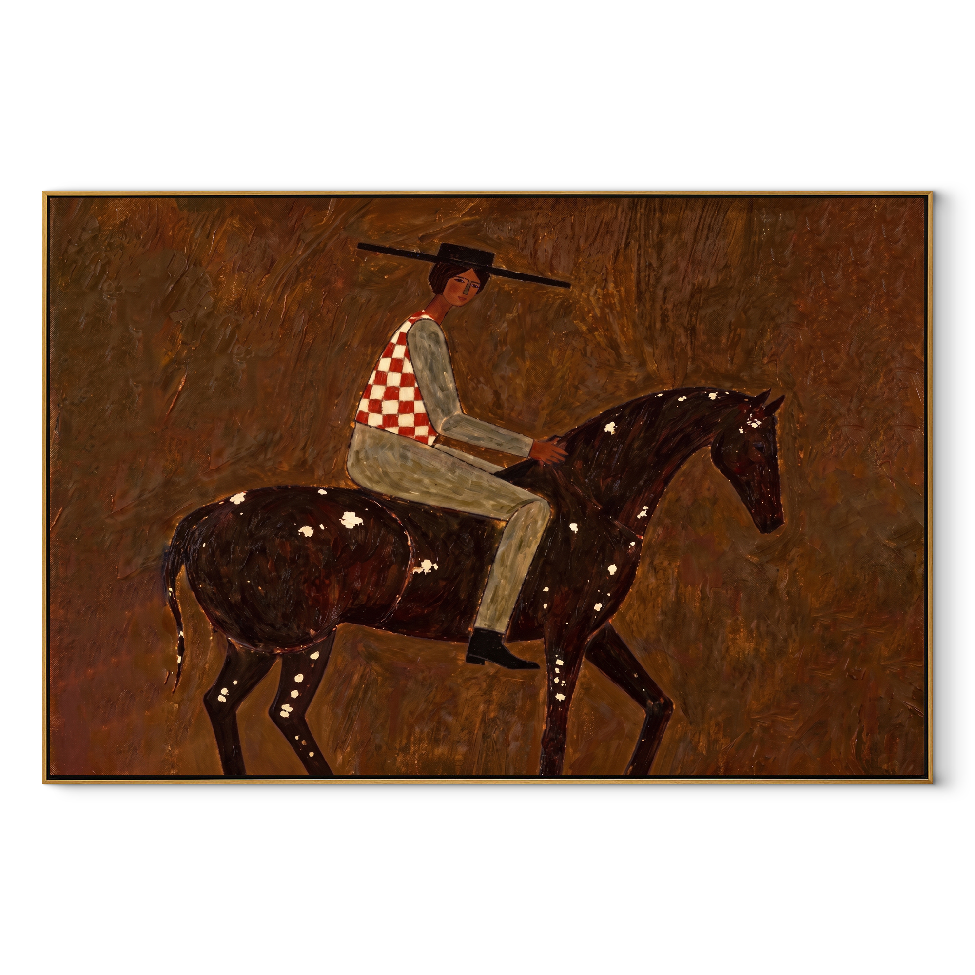 Stripes Cross Painted Hills - spotted horse rider painting by Isabelle Laurent, modern Western horizontal wall art – wood frame on white background