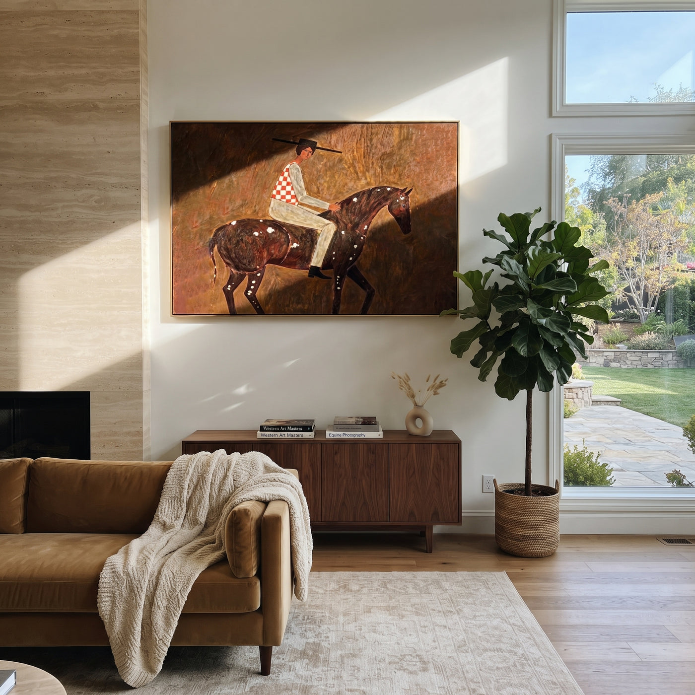 Stripes Cross Painted Hills - spotted horse rider painting by Isabelle Laurent, modern Western horizontal wall art – styled room scene view 2