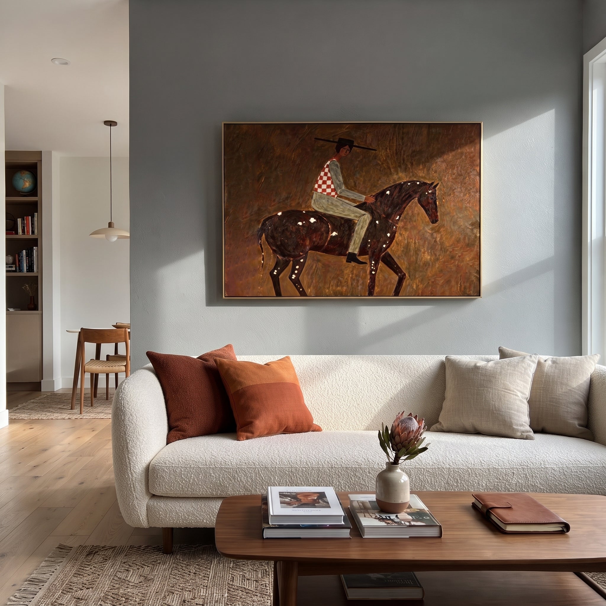 Stripes Cross Painted Hills - spotted horse rider painting by Isabelle Laurent, modern Western horizontal wall art – styled room scene view 4