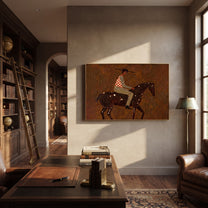 Stripes Cross Painted Hills - spotted horse rider painting by Isabelle Laurent, modern Western horizontal wall art – styled room scene view 5